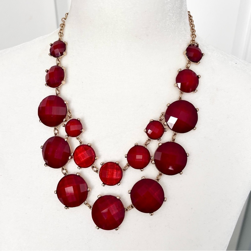 Mika double strand elegant red faceted necklace on gold tone chain